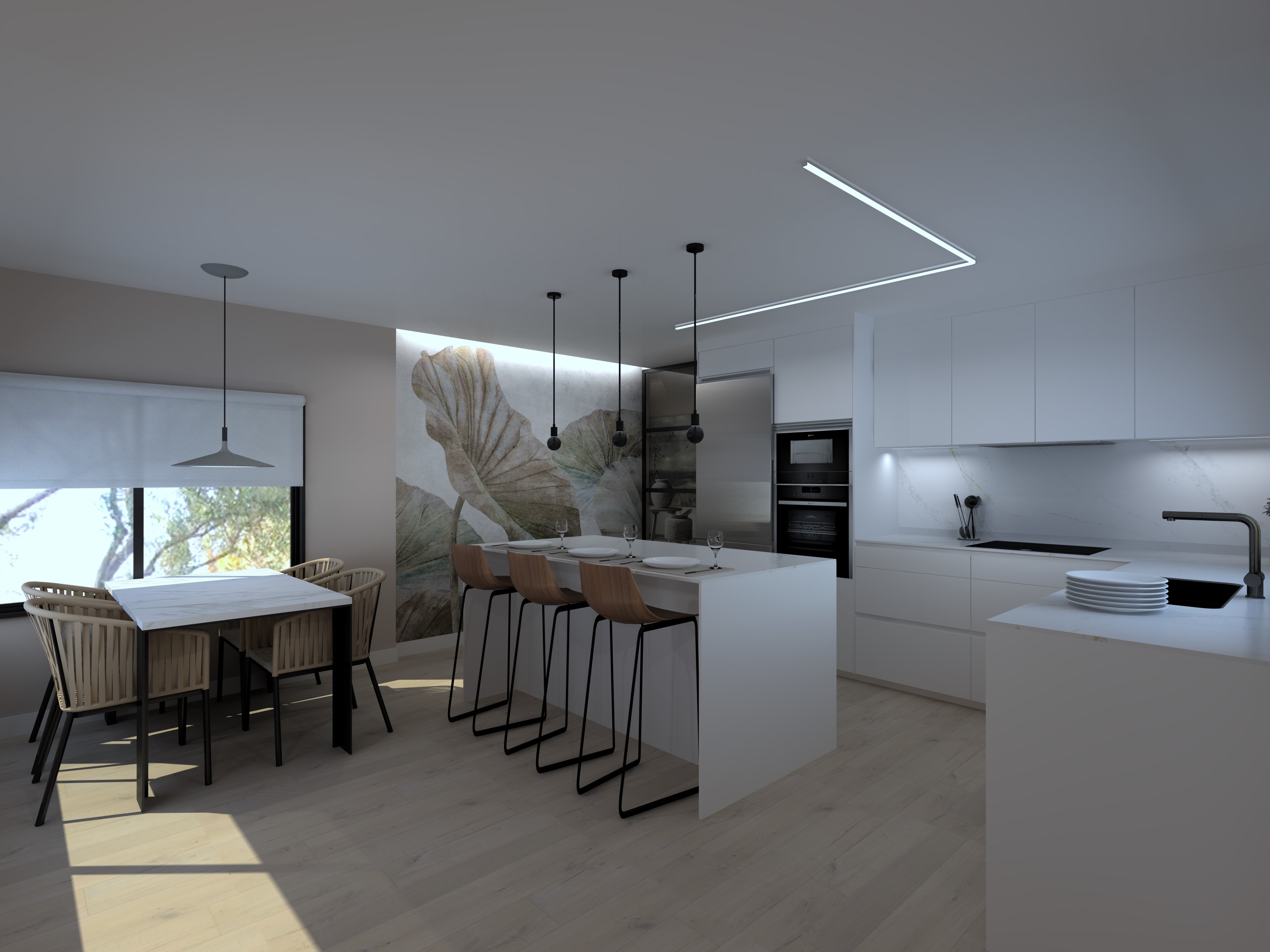 Cocina Santos Blanca con Isla y Zona Office | Docrys & DC