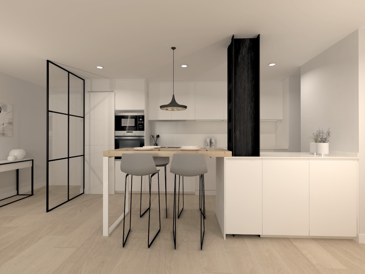 Cocina Santos blanca con península abierta al salón con encimera de