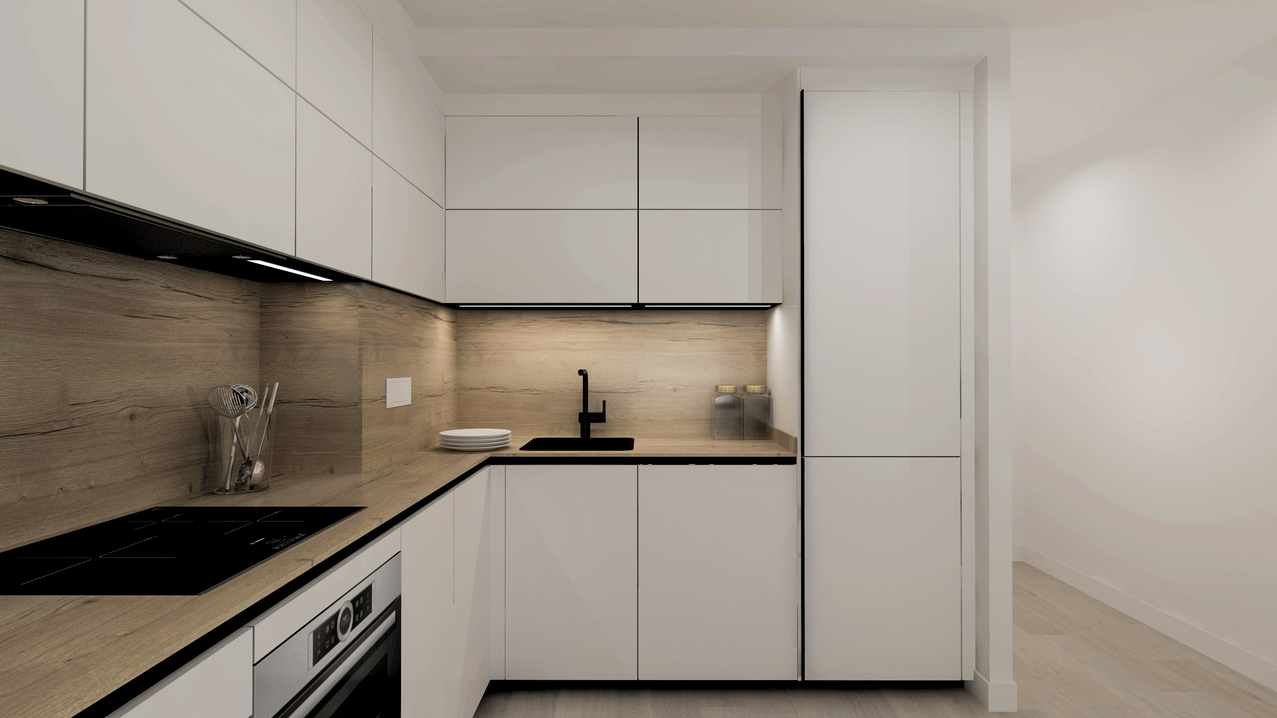 Cocina blanca con encimera madera