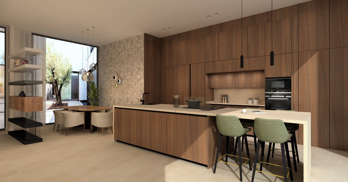 Cocina abierta con isla: diseño cálido y funcional
