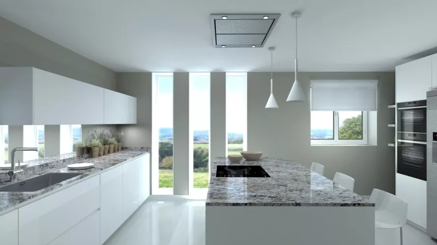 Cocina Santos | Modelo Line E13 Estratificado Blanco Innsbruck | Encimera Granito Naturamia Color Lennon Gold