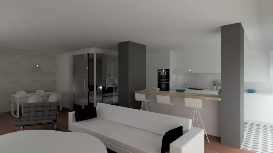 Proyecto en Madrid – Cocina Santos LINE-L en seda mate con encimera Silestone Blanco Zeus y zona de comedor integrada