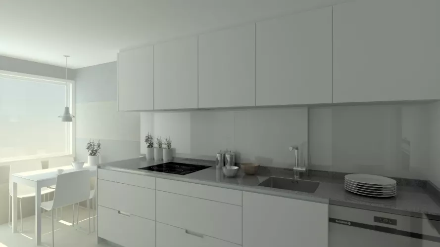 Aravaca | Cocina Santos | Modelo Minos Estratificado Blanco Perla | Encimera Compac Gris Plomo