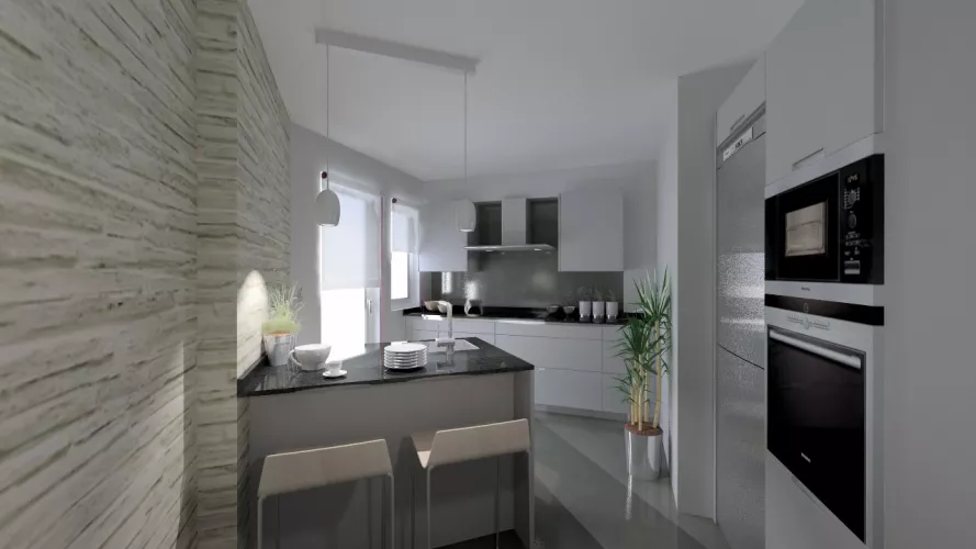 Aravaca | Cocinas Santos | Modelo Minos Line Gris Piedra | Encimera Granito Negro