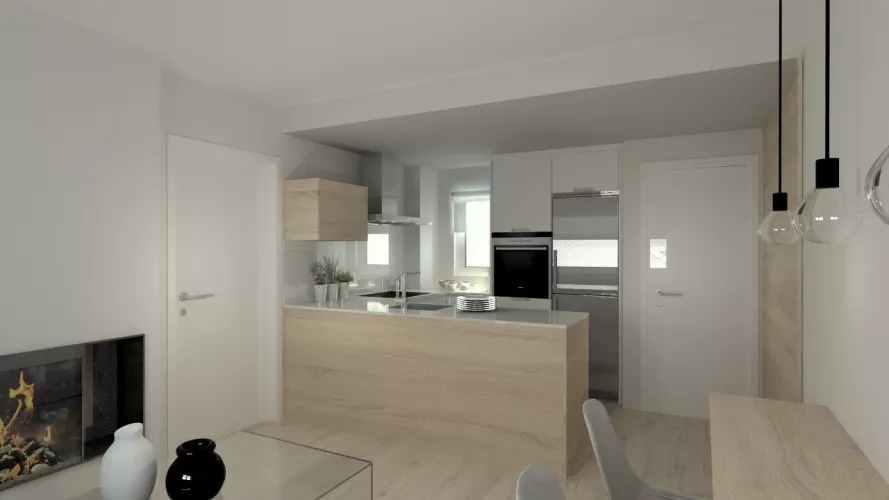 Aravaca | Cocina Santos | Modelo Line Estratificado Blanco y Roble | Encimera Compac Glaciar