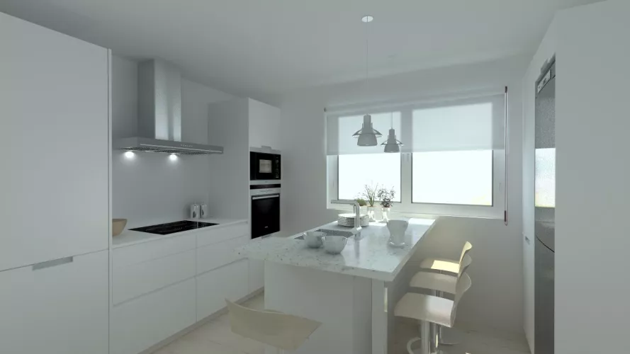 Cocina en laminado seda blanco modelo Santos Line con encimera blanca Silestone
