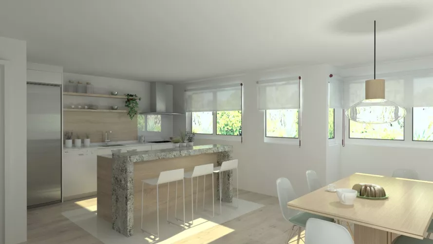 Aravaca | Cocina Santos | Modelo Minos Line Laminado Blanco y Roble Barrica | Encimera Dekton Blanco y Granito Lennon