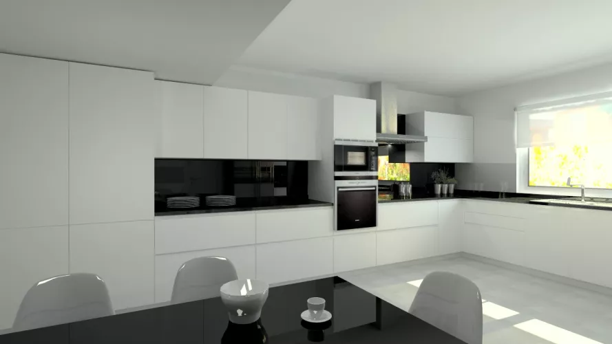 Aravaca | Cocina Santos | Modelo Line Laminado Seda Blanco | Encimera Granito Negro
