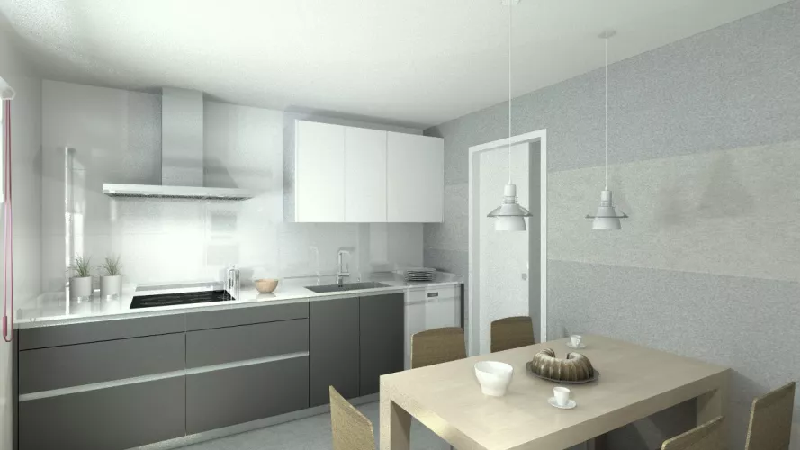 Aravaca | Cocina Santos | Modelo Line Laminado Seda Blanco y Estratificado Gris | Encimera Silestone Blanco