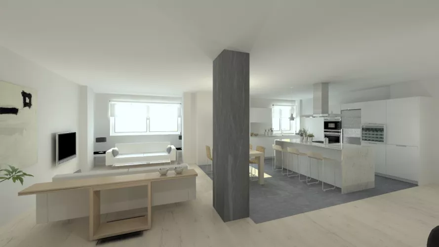 Aravaca | Cocina Santos | Modelo Minos Line Estratificado Gris Nube | Encimera Granito Warwick