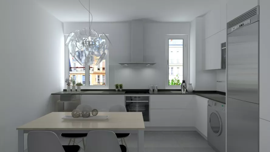 Madrid | Cocina Santos | Modelo Line L Laminado Seda Mate | Encimera Granito Sahara Night Pulido