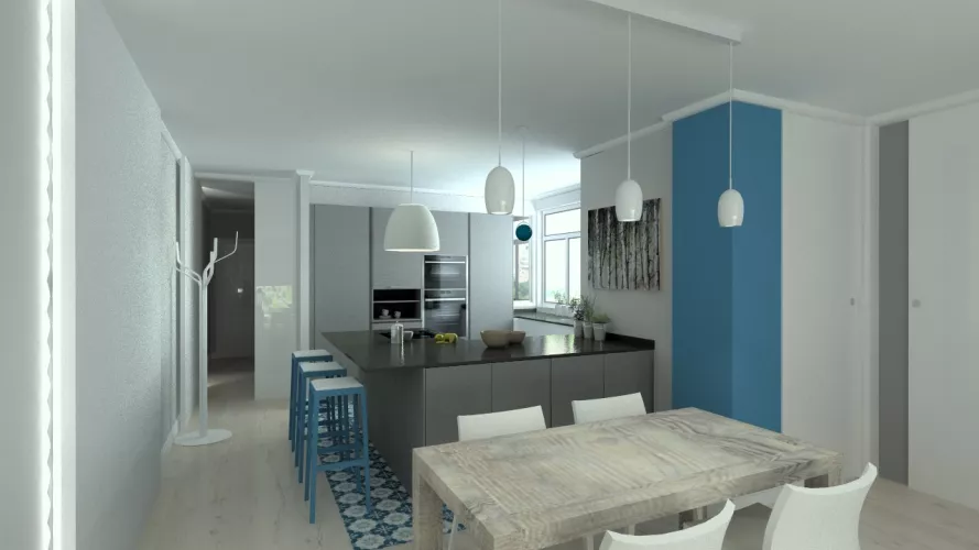 Aravaca | Cocina Santos | Modelo Line E 13 Blanco Sapporo Y Gris Vision | Encimera Granito Sahara Nights