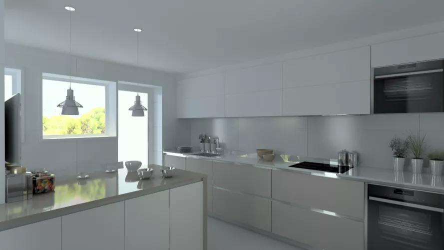 Cocina Santos | Modelo Line E Gris Arena y Blanco Seff | Encimera Silestone Blanco Zeus