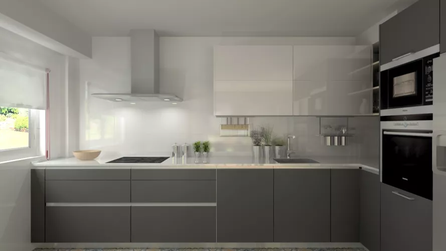 Madrid | Cocina Santos | Modelo Line E Gris y Line L Blanco | Encimera Silestone Blanco 