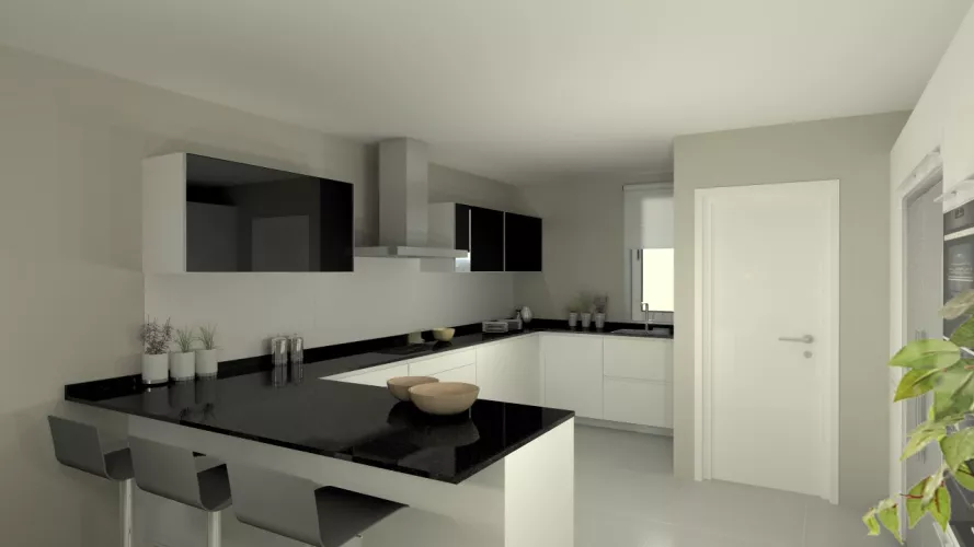 Aravaca | Cocina Santos | Modelo Line E Blanco | Encimera Granito Negro