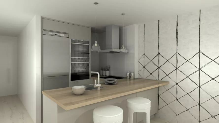 Madrid | Cocina Santos | Modelo Ariane Gris Arena | Encimera Laminada Olmo Claro