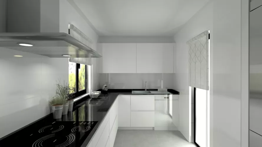 Aravaca | Cocina Santos | Modelo Line L Blanco Seda | Encimera Granito Negro
