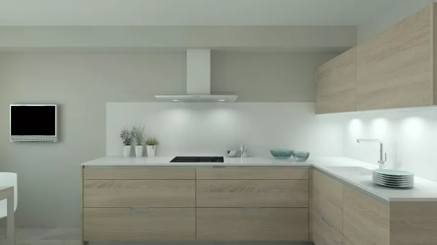 Aravaca | Cocina Santos | Modelo Minos Estratificado Roble Barrica | Encimera Silestone Blanco Suede