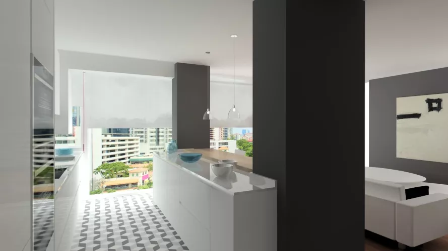 Proyecto en Madrid – Cocina Santos LINE-L en seda mate con encimera Silestone Blanco Zeus y zona de comedor integrada