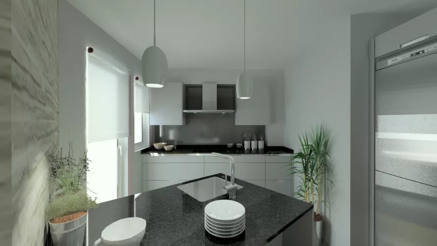 Aravaca | Cocinas Santos | Modelo Minos Line Gris Piedra | Encimera Granito Negro