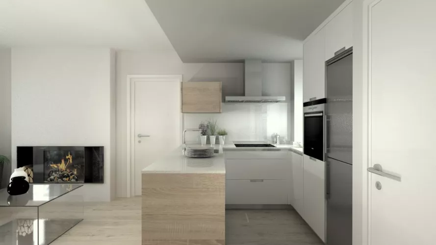 Aravaca | Cocina Santos | Modelo Line Estratificado Blanco y Roble | Encimera Compac Glaciar