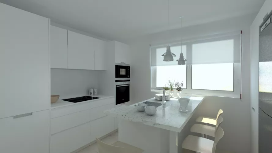 Cocina en laminado seda blanco modelo Santos Line con encimera blanca Silestone