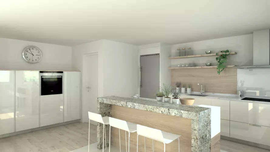 Aravaca | Cocina Santos | Modelo Minos Line Laminado Blanco y Roble Barrica | Encimera Dekton Blanco y Granito Lennon