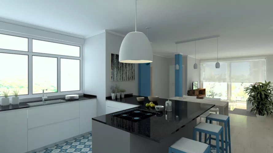 Aravaca | Cocina Santos | Modelo Line E 13 Blanco Sapporo Y Gris Vision | Encimera Granito Sahara Nights