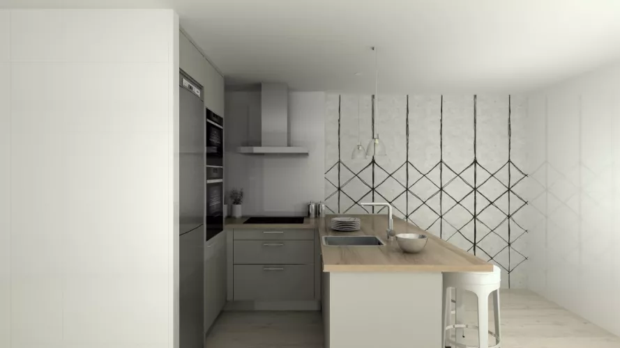 Madrid | Cocina Santos | Modelo Ariane Gris Arena | Encimera Laminada Olmo Claro