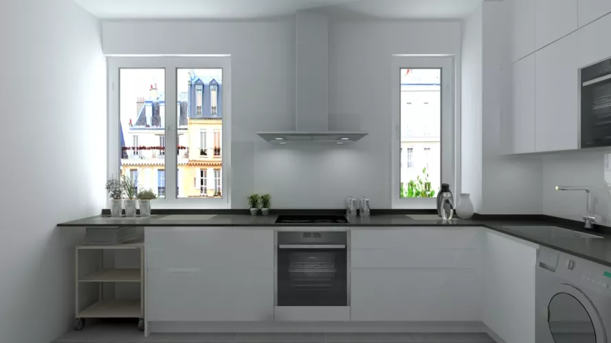 Madrid | Cocina Santos | Modelo Line L Laminado Seda Mate | Encimera Granito Sahara Night Pulido