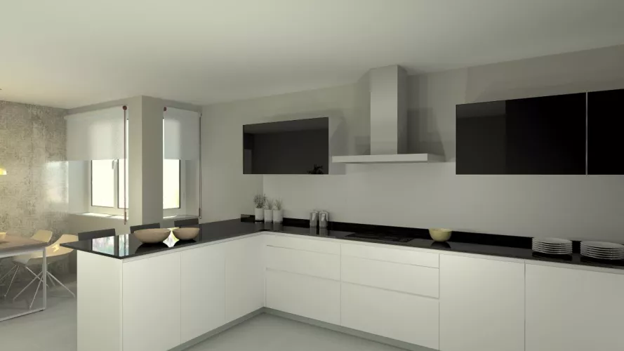 Aravaca | Cocina Santos | Modelo Line E Blanco | Encimera Granito Negro