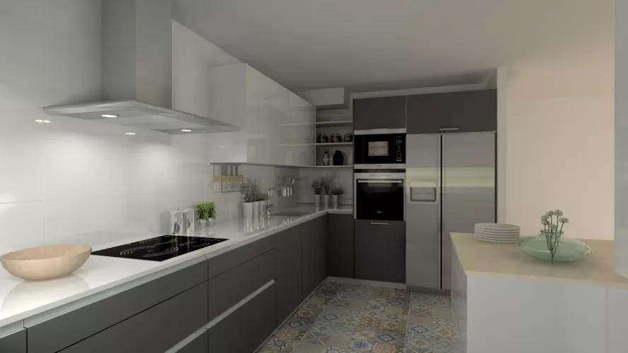 Madrid | Cocina Santos | Modelo Line E Gris y Line L Blanco | Encimera Silestone Blanco 