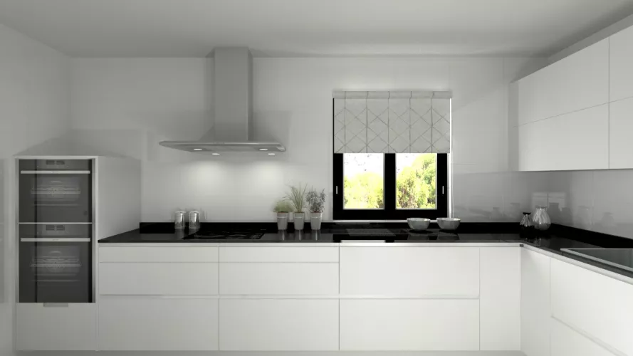 Aravaca | Cocina Santos | Modelo Line L Blanco Seda | Encimera Granito Negro