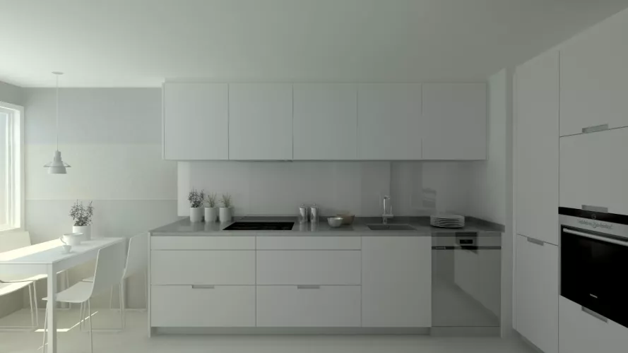 Aravaca | Cocina Santos | Modelo Minos Estratificado Blanco Perla | Encimera Compac Gris Plomo
