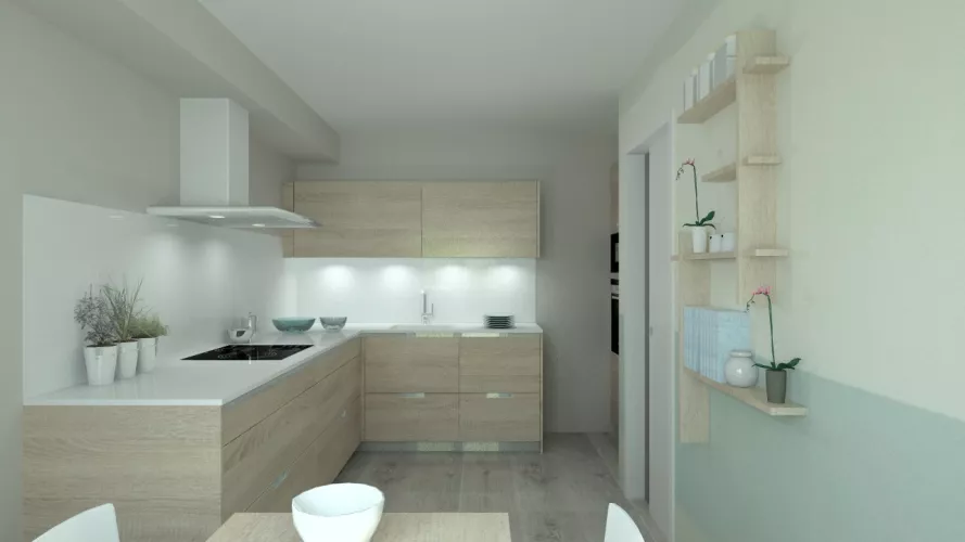 Aravaca | Cocina Santos | Modelo Minos Estratificado Roble Barrica | Encimera Silestone Blanco Suede