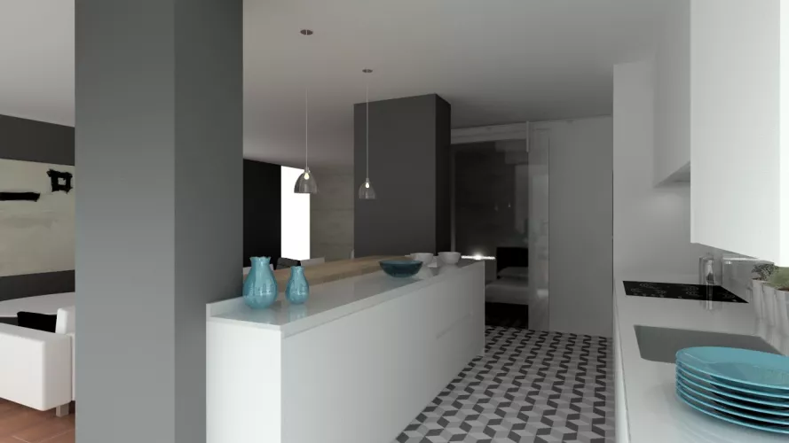 Proyecto en Madrid – Cocina Santos LINE-L en seda mate con encimera Silestone Blanco Zeus y zona de comedor integrada