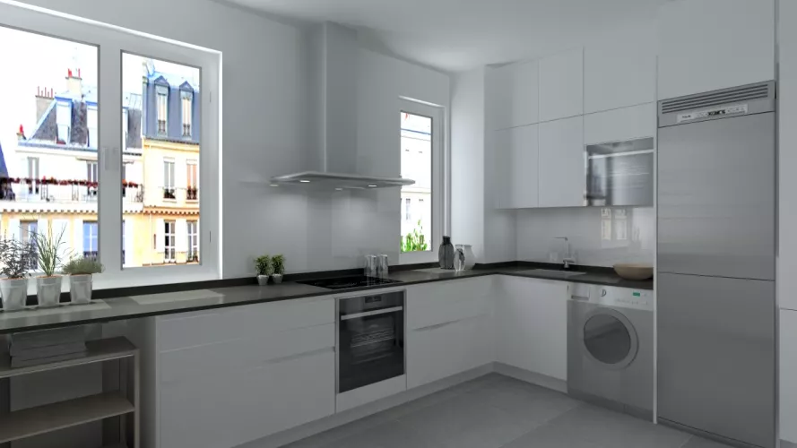 Madrid | Cocina Santos | Modelo Line L Laminado Seda Mate | Encimera Granito Sahara Night Pulido