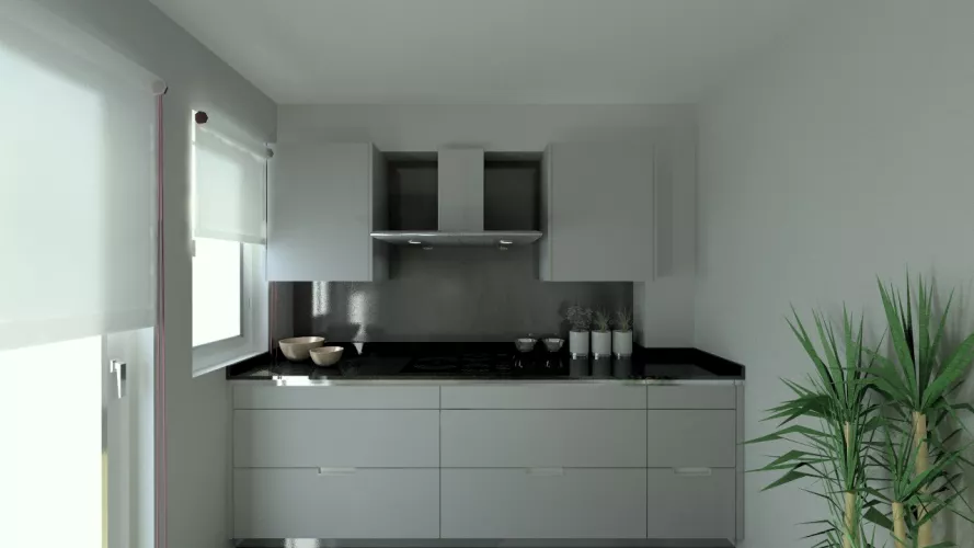 Aravaca | Cocinas Santos | Modelo Minos Line Gris Piedra | Encimera Granito Negro