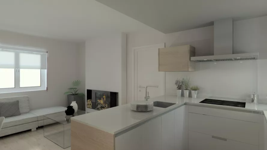 Aravaca | Cocina Santos | Modelo Line Estratificado Blanco y Roble | Encimera Compac Glaciar