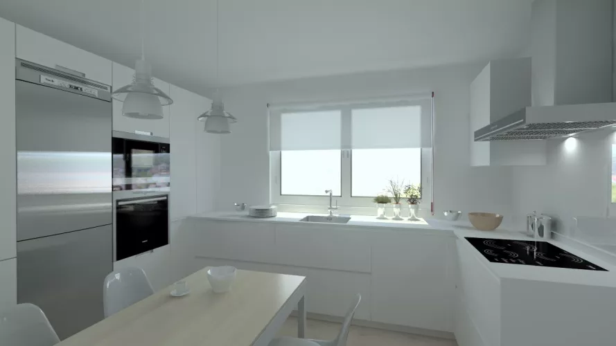 Cocina en laminado seda blanco modelo Santos Line con encimera blanca Silestone