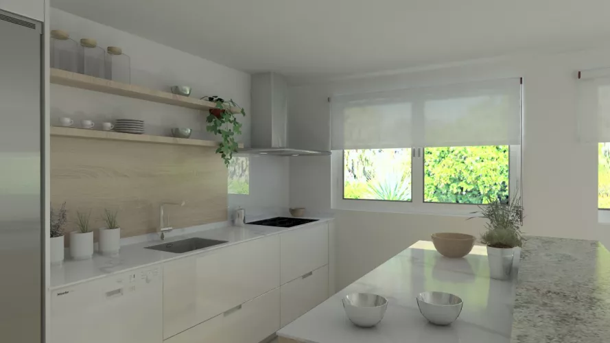 Aravaca | Cocina Santos | Modelo Minos Line Laminado Blanco y Roble Barrica | Encimera Dekton Blanco y Granito Lennon