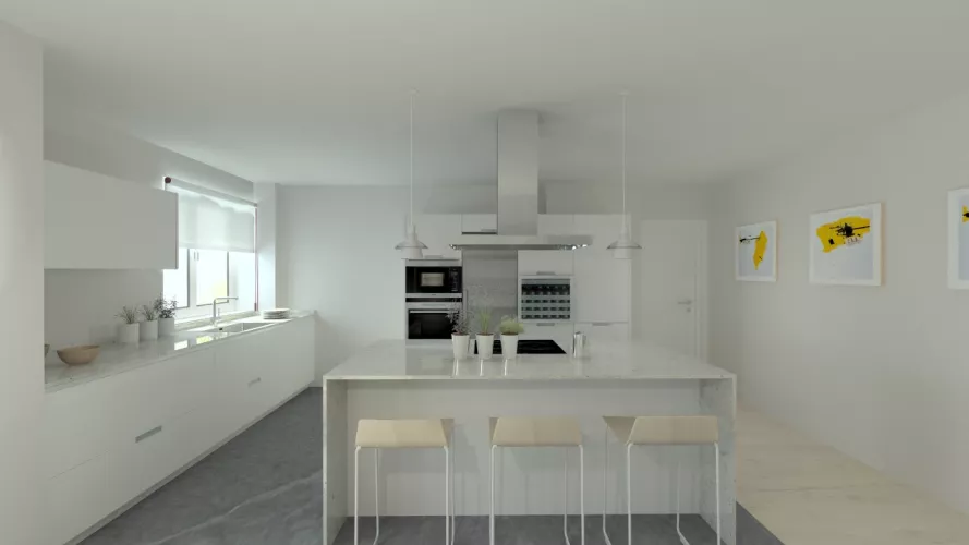 Aravaca | Cocina Santos | Modelo Minos Line Estratificado Gris Nube | Encimera Granito Warwick