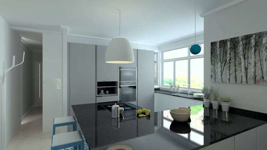 Aravaca | Cocina Santos | Modelo Line E 13 Blanco Sapporo Y Gris Vision | Encimera Granito Sahara Nights