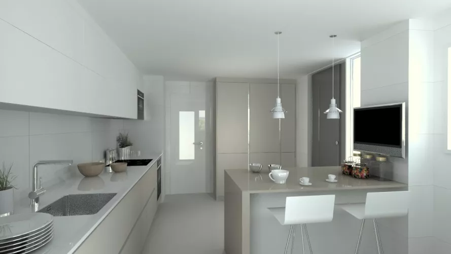 Cocina Santos | Modelo Line E Gris Arena y Blanco Seff | Encimera Silestone Blanco Zeus