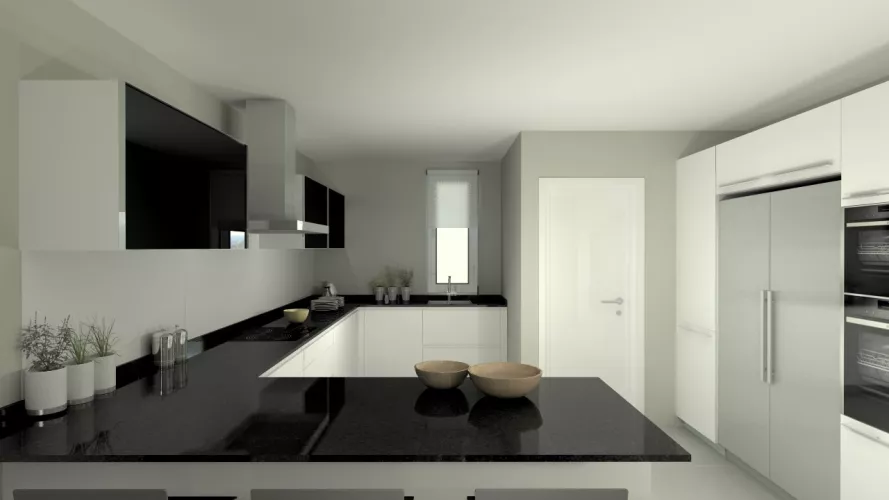 Aravaca | Cocina Santos | Modelo Line E Blanco | Encimera Granito Negro