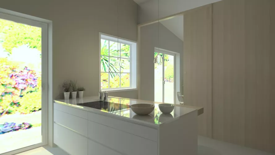 Aravaca | Cocina Santos | Modelo Line L Laminado Seda | Encimera Silestone Blanco