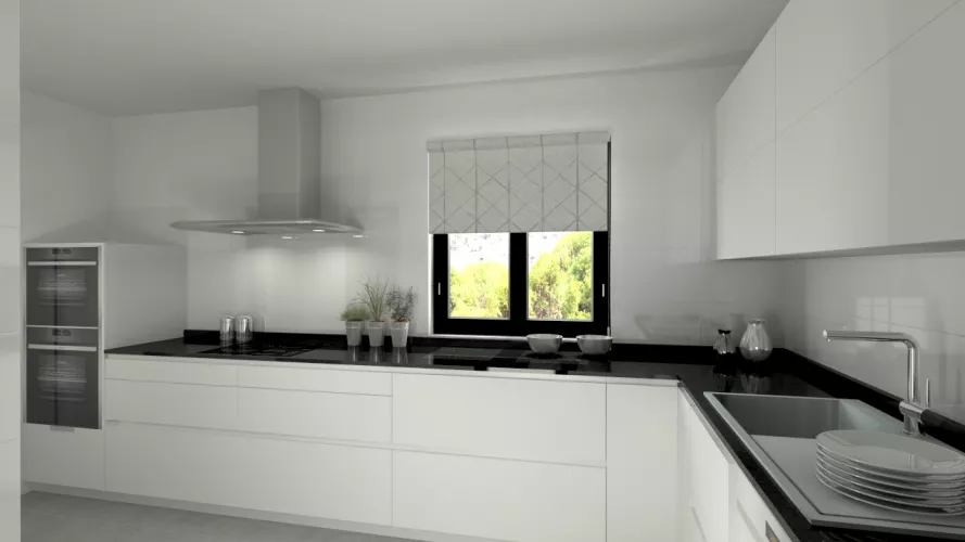 Aravaca | Cocina Santos | Modelo Line L Blanco Seda | Encimera Granito Negro