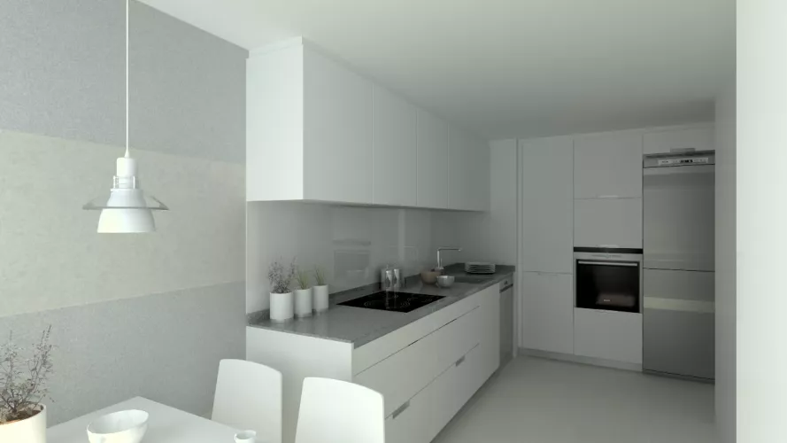 Aravaca | Cocina Santos | Modelo Minos Estratificado Blanco Perla | Encimera Compac Gris Plomo