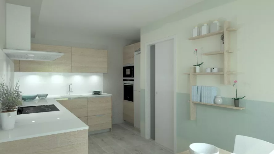 Aravaca | Cocina Santos | Modelo Minos Estratificado Roble Barrica | Encimera Silestone Blanco Suede