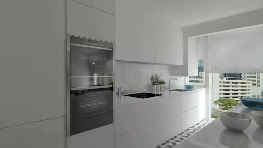 Proyecto en Madrid – Cocina Santos LINE-L en seda mate con encimera Silestone Blanco Zeus y zona de comedor integrada